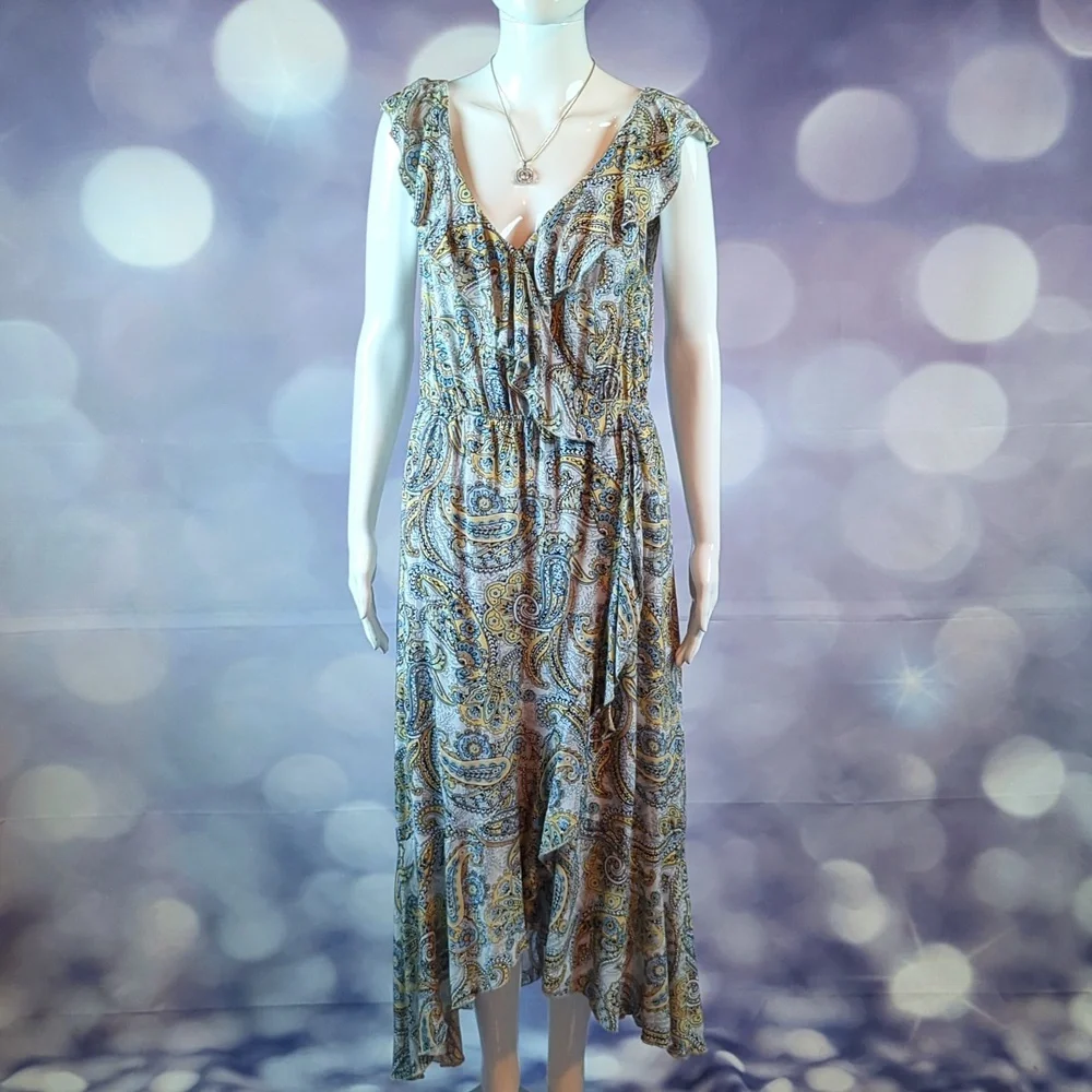 Lapis Sz L Paisley Print Off Shoulder Cascading Ruffle Cross Over Dress
